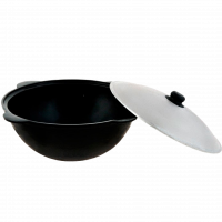 Казан узбекский чугунный 10л плоское дно с алюминиевой крышкой