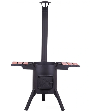 Очаг "Премиум" с двойными стенками и с чугунной дверцей для казанов на 8-10 литров (со столиками)