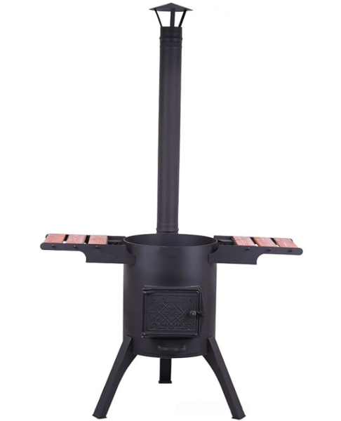 Очаг "Премиум" с двойными стенками и с чугунной дверцей для казанов на 8-10 литров (со столиками)