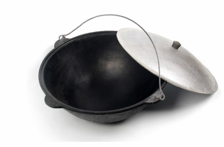 Казан узбекский чугунный 6л плоское дно с алюминиевой крышкой с подвесной ручкой