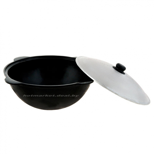 Казан узбекский чугунный 6л круглое дно с алюминиевой крышкой